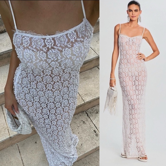Retrofete Landy Sheer Lace Faux Pearl Adorned Maxi Dress White NEW with tag - Picture 9 of 14